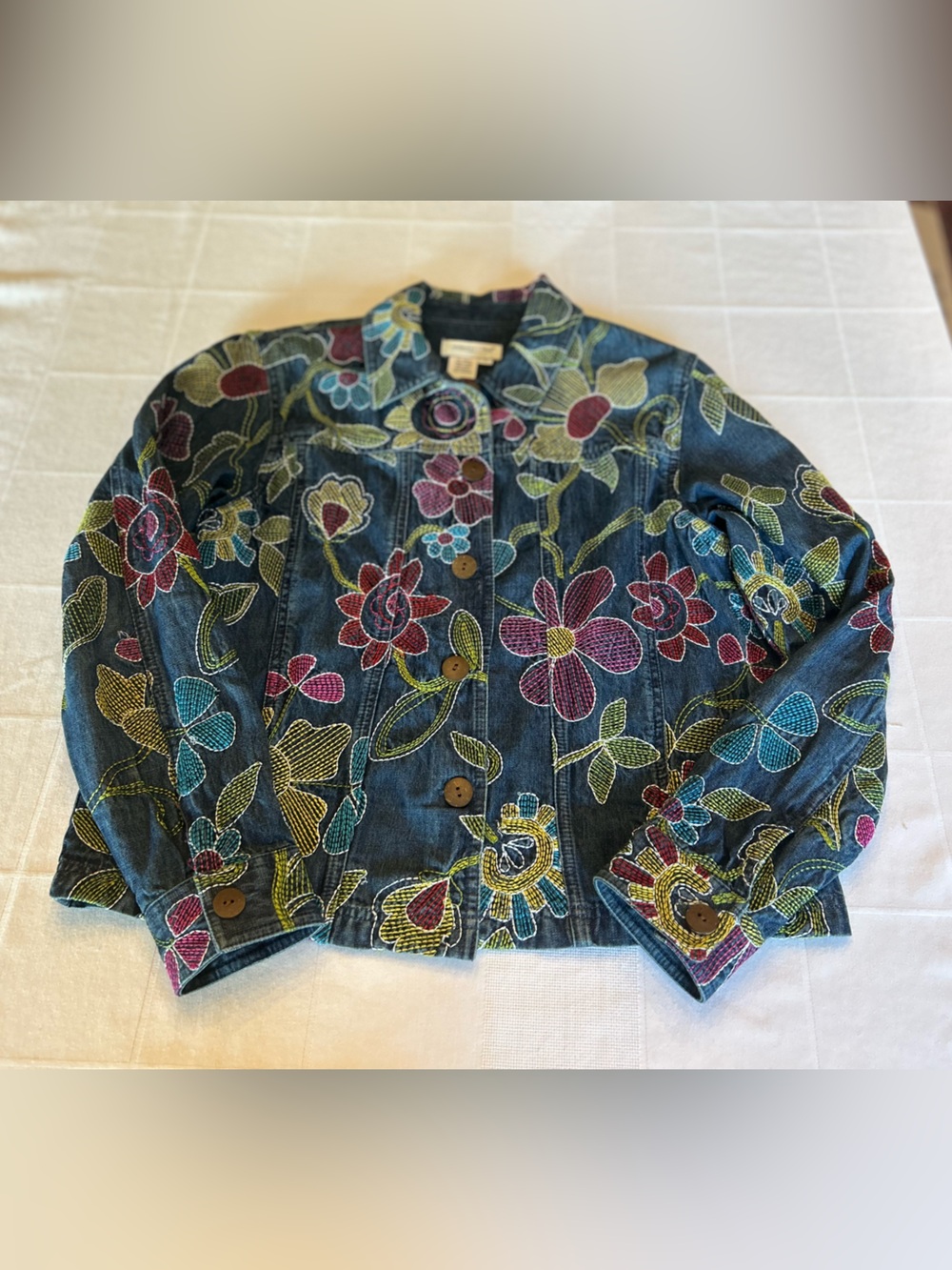 Coldwater Creek Embroidered Denim Jacket — Blue with Yellow, Teal & Pink Accents